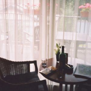 Chair, table, gauzy curtains, pink flowers